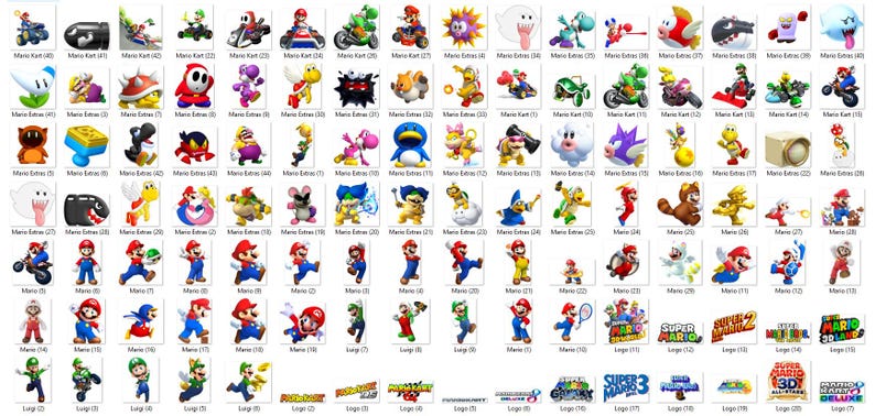May include: A grid of various Mario characters and game logos. The images include Mario, Luigi, Yoshi, and other characters from the Mario universe. The images are colorful and feature characters in various poses and settings, including Mario Kart.
