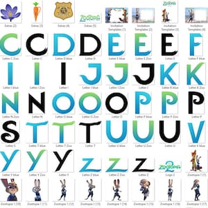 Puede incluir: Una colecci&oacute;n de letras del alfabeto y gr&aacute;ficos tem&aacute;ticos de Zootopia. Las letras est&aacute;n en varias fuentes, con un degradado de azul y verde. Tambi&eacute;n se incluyen los personajes y el logotipo de Zootopia.