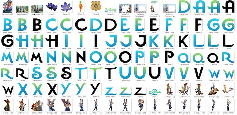 Puede incluir: Una colecci&oacute;n de letras del alfabeto y gr&aacute;ficos tem&aacute;ticos de Zootopia. Las letras est&aacute;n en varias fuentes, con un degradado de azul y verde. Tambi&eacute;n se incluyen los personajes y el logotipo de Zootopia.