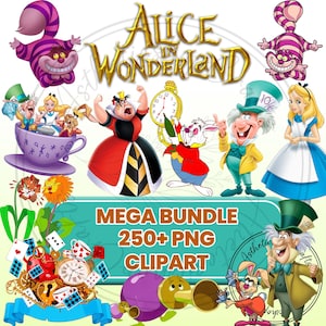 May include: A digital illustration featuring characters from "Alice in Wonderland," including the Cheshire Cat, Mad Hatter, and Queen of Hearts. The image includes the text "Alice in Wonderland" and "MEGA BUNDLE 250+ PNG CLIPART."