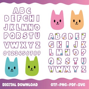 May include: A digital alphabet and number set featuring purple outlined letters and digits, alongside four cat-shaped icons in pink, orange, blue, and green. The set includes a second alphabet version with small cat faces inside each letter.