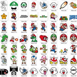 May include: A collection of various Super Mario Bros. character and icon graphics. The images include Mario, Luigi, Yoshi, and other characters, along with game elements like stars, mushrooms, and question blocks. The images are in a variety of styles, including line art and full color.