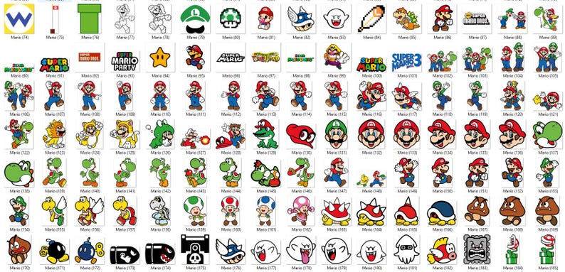 May include: A collection of various Super Mario Bros. character and icon graphics. The images include Mario, Luigi, Yoshi, and other characters, along with game elements like stars, mushrooms, and question blocks. The images are in a variety of styles, including line art and full color.