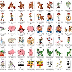 K&ouml;nnte beinhalten: Eine Sammlung von PNG-Bildern mit Charakteren aus der Animationsfilmreihe "Toy Story". Die Bilder zeigen Woody, Buzz Lightyear, Jessie, Mr. Potato Head und andere Charaktere in verschiedenen Posen und Stilen. Die Bilder sind in verschiedenen Farben.