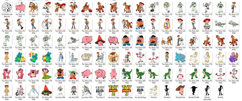 K&ouml;nnte beinhalten: Eine Sammlung von PNG-Bildern mit Charakteren aus der Animationsfilmreihe "Toy Story". Die Bilder zeigen Woody, Buzz Lightyear, Jessie, Mr. Potato Head und andere Charaktere in verschiedenen Posen und Stilen. Die Bilder sind in verschiedenen Farben.