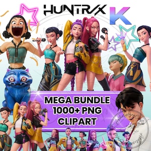 Puede incluir: Ilustración digital que presenta un grupo de figuras femeninas estilizadas con micrófonos, en varios atuendos y peinados. La imagen incluye el texto "HUNTRAX K" y "MEGA BUNDLE 1000+ PNG CLIPART."