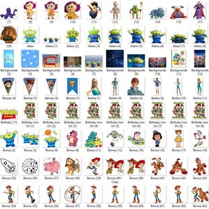 K&ouml;nnte beinhalten: Eine Sammlung verschiedener digitaler Grafiken zum Thema Toy Story. Die Bilder umfassen Charakterillustrationen, Banner, Geburtstags-Icons und Hintergr&uuml;nde. Die Farbpalette ist lebendig und umfasst Blau-, Gr&uuml;n-, Rot- und Gelbt&ouml;ne. Geeignet f&uuml;r Partydekorationen und Bastelarbeiten.