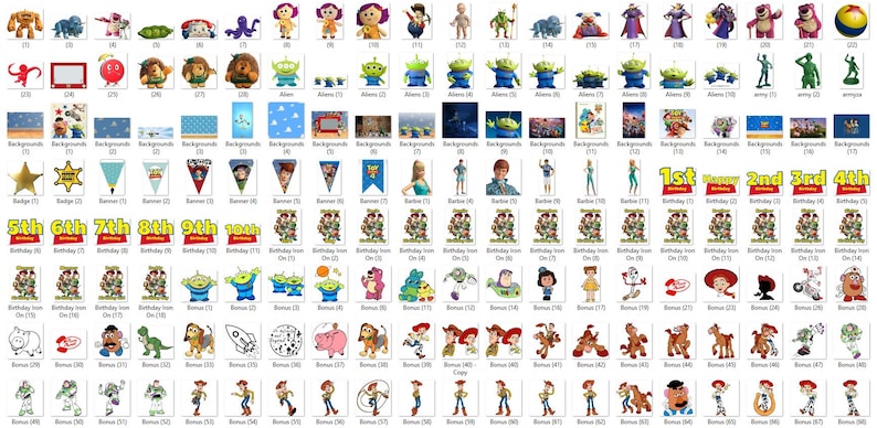 K&ouml;nnte beinhalten: Eine Sammlung verschiedener digitaler Grafiken zum Thema Toy Story. Die Bilder umfassen Charakterillustrationen, Banner, Geburtstags-Icons und Hintergr&uuml;nde. Die Farbpalette ist lebendig und umfasst Blau-, Gr&uuml;n-, Rot- und Gelbt&ouml;ne. Geeignet f&uuml;r Partydekorationen und Bastelarbeiten.