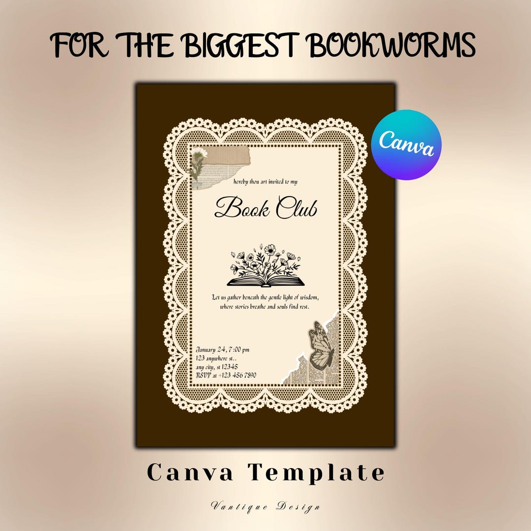 Vintage Book Club Invitation Canva Template, Dark Academia Book Club ...