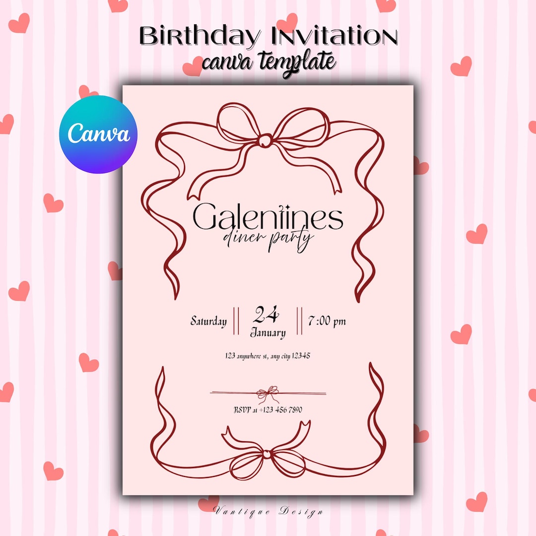 Galentine's Dinner Party Invitation Canva Template | Pink & Red Bow ...