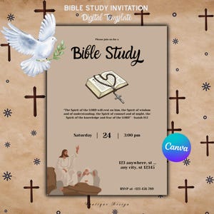 Op de afbeelding: Een beige uitnodiging voor een Bijbelstudie met een duif, kruisen en tekst. De uitnodiging bevat de woorden "Bible Study" en details voor het evenement, inclusief datum, tijd en locatie. Het ontwerp bevat ook een Bijbel en een kruis.