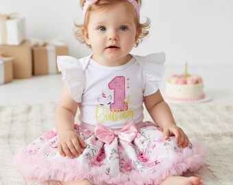 Unicorn 1st Birthday Girl Outfit Pink Floral Tutu and Flutter Sleeve Bodysuit Cake Smash Clothes First Bday Party Set with Headband