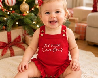 Embroidered  First Christmas Newborn Girl Outfit, Classic Red Knit Suspender Romper with Ruffles, Custom Holiday Baby Photo Clothing