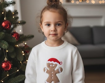 Jersey de bebé con estampado de pan de jengibre, jersey de punto navideño, conjunto para fotos familiares navideñas, top de invierno para niños pequeños, regalo festivo para bebés en Navidad.