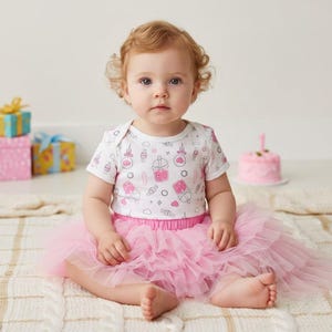 May include: A white short-sleeved bodysuit featuring a repeating pattern of pink and grey candy and drink illustrations, paired with a layered, voluminous pink tulle tutu skirt. The outfit is worn by a young child with light brown hair.