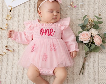 Conjunto para el primer cumpleaños de niña, vestido tutú bordado, falda de tul floral, diadema con lazo, look para sesión de fotos de "cake smash" para fotos de 1 año.
