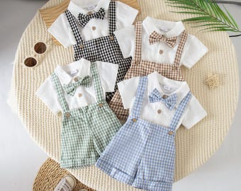 Baby Boy Gentleman Outfit Set, Classic Gingham Overall Shorts and Bowtie Romper for Infant Baptism, Dedication and Easter Celebration