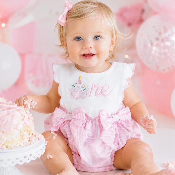 Pink Cupcake First Birthday Romper Sweet One Party Outfit Baby Girl Seersucker Cake Smash Clothes with Big Bows