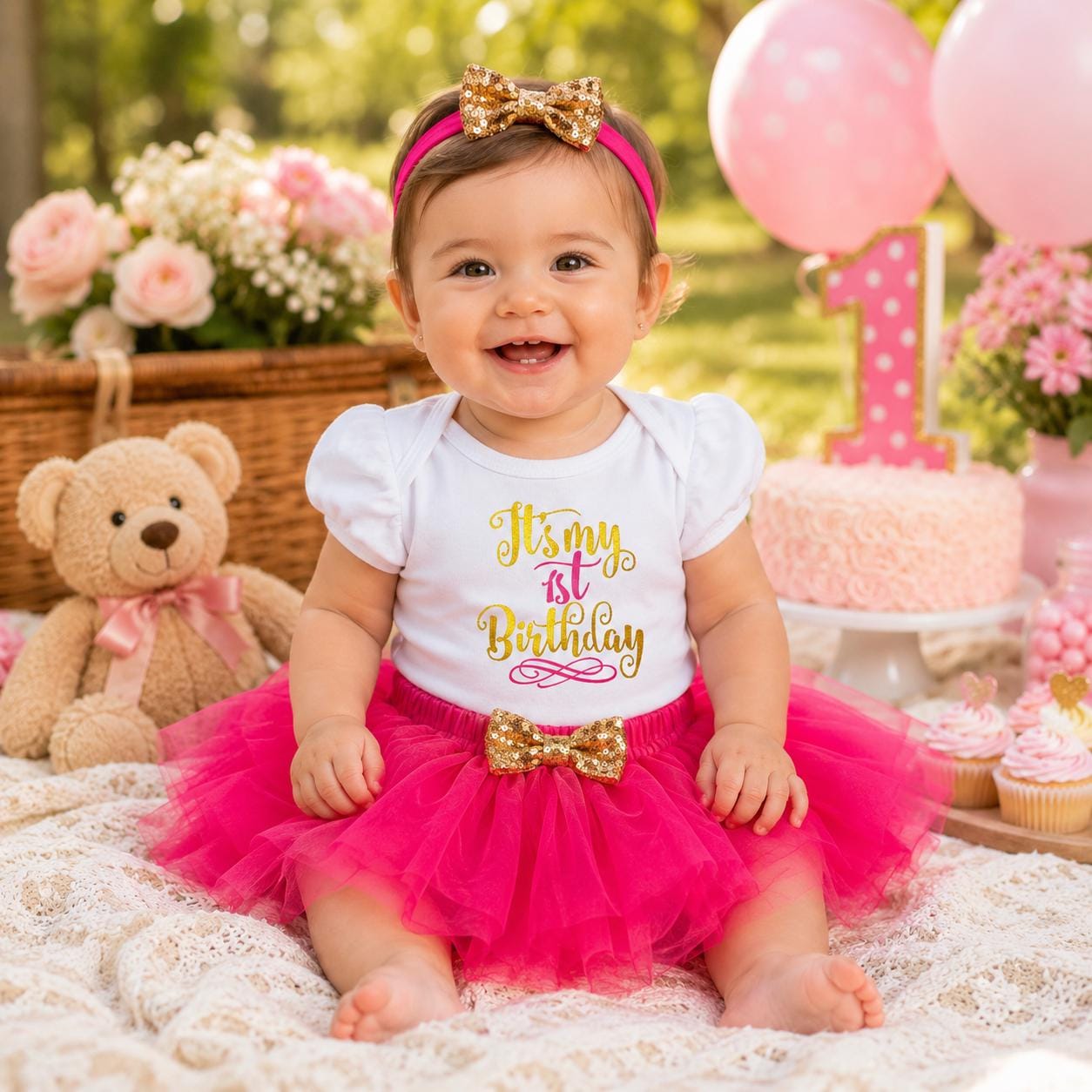 First Birthday Girl Outfit, My 1st Birthday Romper Tutu Set with Gold Bow Headband for Cake Smash and Birthday Photos, Baby Gift Set