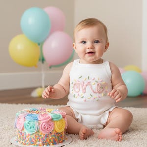 May include: A white sleeveless romper featuring the word one embroidered in pink script, surrounded by small pastel-colored sprinkles. The romper has a ribbed neckline and armholes, with a ruffled hem detail at the bottom of the garment.