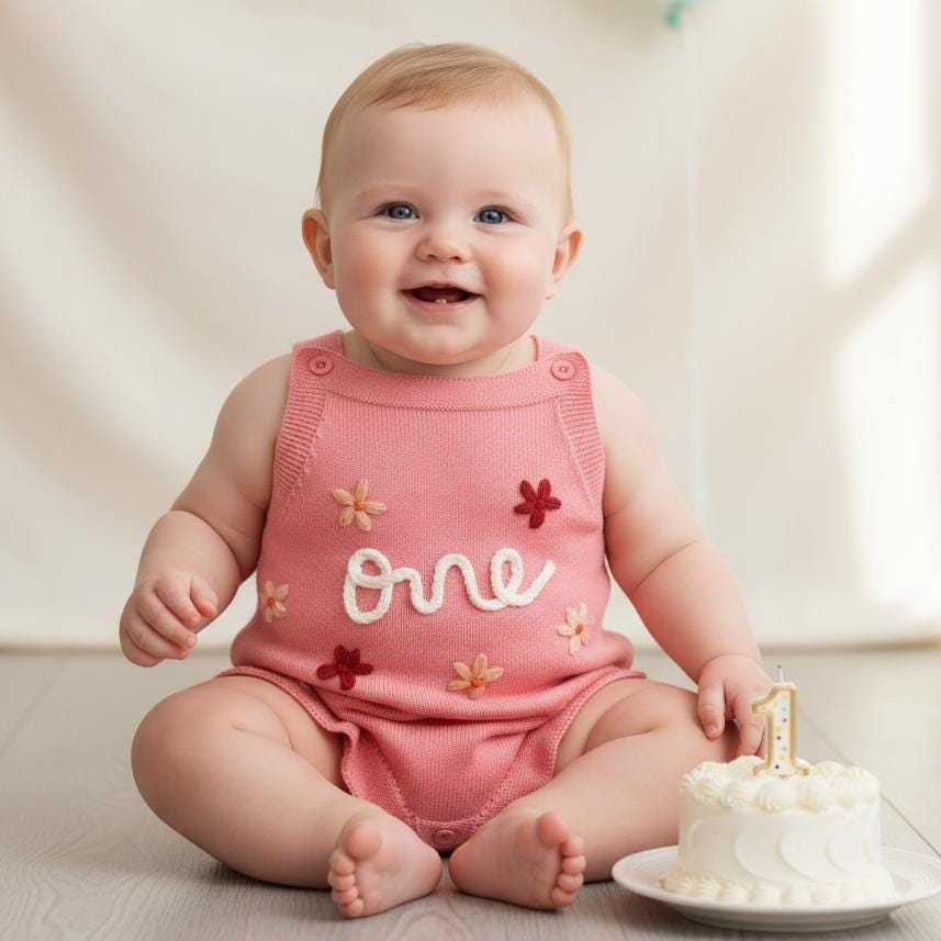 Pink One Birthday Romper for Baby Girl, Embroidered Flower Knit Outfit, Cake Smash Look, First Birthday Photo Props, Party Gift Romper