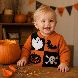 Peut inclure: Un pull orange à manches longues avec un motif graphique à quatre panneaux représentant un fantôme blanc, une chauve-souris noire, une citrouille d'Halloween noire et un crâne blanc avec des os croisés. Col rond et poignets côtelés.
