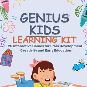 Pode incluir: Ilustração colorida para um kit de aprendizagem infantil. A imagem apresenta o texto "GENIUS KIDS LEARNING KIT" com uma criança desenhando com lápis de cor. O kit inclui 20 jogos interativos para o desenvolvimento do cérebro, criatividade e educação infantil.