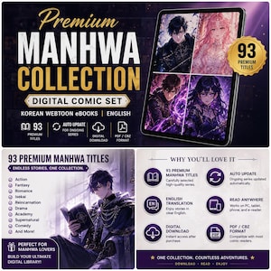 Puede incluir: Una colección digital de 93 títulos Manhwa premium en inglés, presentada como un conjunto de eBooks de webtoons coreanos. La pantalla muestra una tableta con cuatro ilustraciones de personajes, con texto que detalla funciones como actualización automática, descarga digital y compatibilidad con formatos PDF o CBZ.