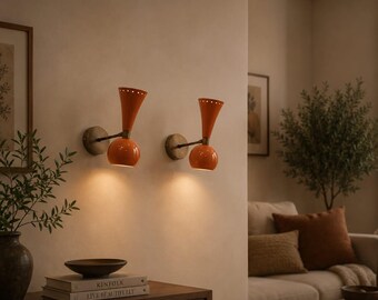 Mid-Century Modern Double Arm Sconce – Orange Metal Wall Lamp.