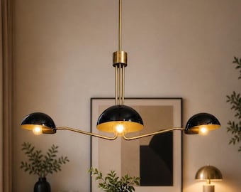 Modern 3-arm structure with dome shades (black & brass finish) A popular mid-century contemporary style.