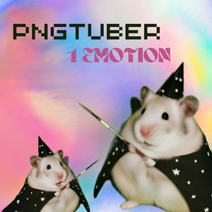 May include: Two hamsters dressed as wizards, wearing black capes with white stars and pointed hats. They hold wands against a colorful, iridescent background. The text "PNGTUBER 1 EMOTION" is displayed at the top.