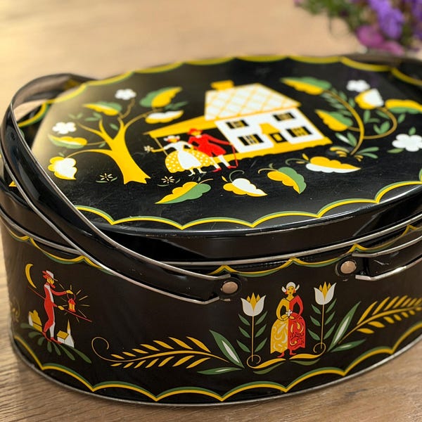 Cesta de costura vintage de hojalata de los holandeses de Pensilvania / Caja de hojalata de arte popular de la década de 1950