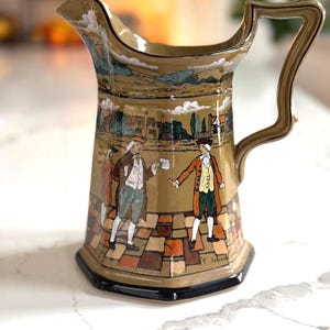 RARE FIND  Buffalo Pottery Deldare ware 8" Pitcher Ye Olden Days Collection 1908