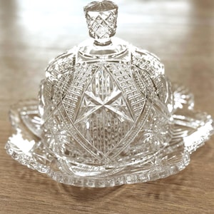 Antique Pressed Glass Butter Dish with Cloche Lid | Starburst Geometric Farmhouse Server