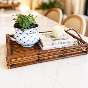 May include: A rectangular bamboo tray holds a potted plant, two books, and a lit candle. The plant is in a white and blue patterned pot. The books are stacked, and the candle is in a clear glass. The tray has a woven handle.
