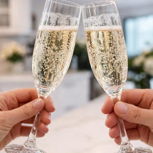 May include: Two champagne flutes clinking together, filled with bubbly champagne. The clear glasses have a delicate floral design and are held by two hands. The background is blurred, suggesting a celebration or special occasion.
