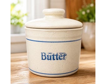 Vintage Stoneware Butter Crock with Lid Blue Cobalt Salt Glaze Farmhouse Pottery