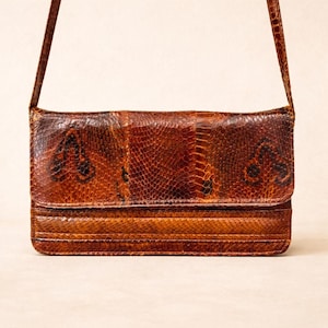 Vintage Python Leather Handbag | 1970s Brown Snakeskin Shoulder Bag