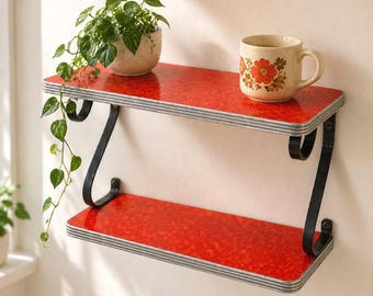 Vintage Red Cracked Ice Formica Wall Shelf Mid Century Retro 2 Tier 16in