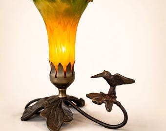 Art Nouveau Lily Accent Lamp Bronze Hummingbird Base Orange Green Glass Shade