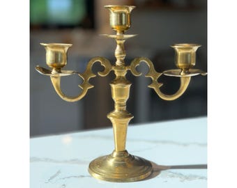 Vintage Solid Brass 3-Arm Candelabra Scroll Design Taper Candle Holder