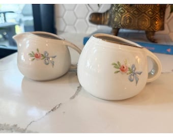 Vintage Halls Superior Quality Kitchenware Rose White Blue Bow Creamer Set of 2