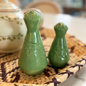 May include: Two green ceramic salt and pepper shakers with floral designs sit on a woven tray. A matching lidded jar with a floral pattern is in the background. The shakers have a glossy finish and a decorative shape.