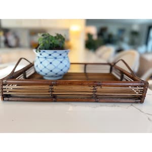 Vintage Bamboo Rattan Serving Tray Rectangular Brown Woven Slatted Wood 15.5x11