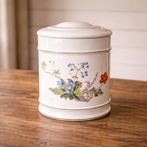 R.B. Bernarda Portugal Floral Ceramic Canister with Lid | White Botanical Kitchen Jar