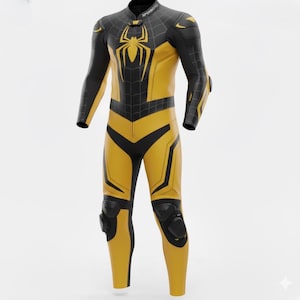 May include: A yellow and black motorcycle racing suit with a spider emblem on the chest. The suit has black accents on the shoulders, arms, and legs, with protective padding on the knees and elbows. The suit has the text "APM MOTO" on the collar.