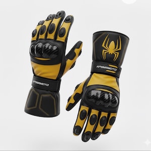 May include: A pair of black and yellow motorcycle gloves. The gloves have carbon fiber knuckle protectors and a spider graphic on the cuff. The brand name APSMRMOTO is printed on the wrist strap.