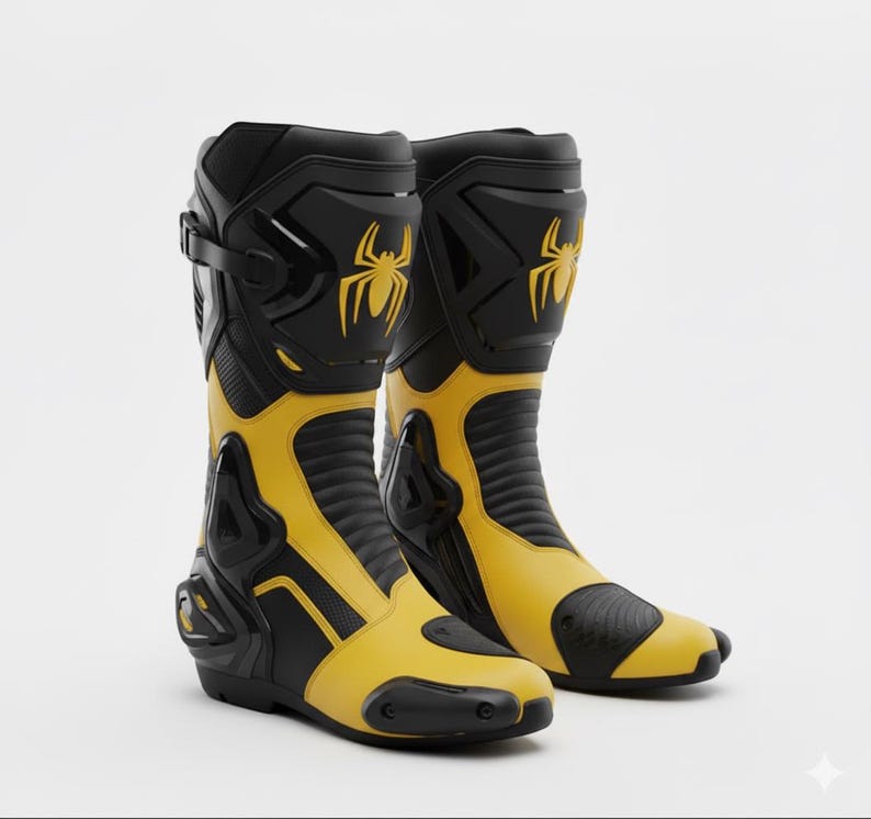 May include: A pair of black and yellow motorcycle boots. The boots have a tall design with a prominent yellow spider logo on the upper shaft. The boots feature a combination of black and yellow panels, with reinforced areas for protection. The boots are designed for motorcycle riding.