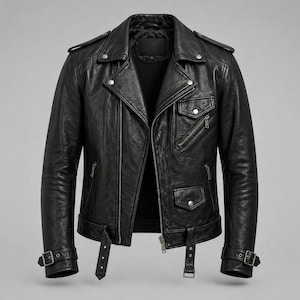 Könnte beinhalten: Schwarze Lederjacke im klassischen Biker-Stil. Sie hat ein fallendes Revers, einen asymmetrischen Reißverschluss, mehrere Reißverschlusstaschen und einen Gürtel in der Taille. Die Jacke hat ein schlankes, modernes Design.