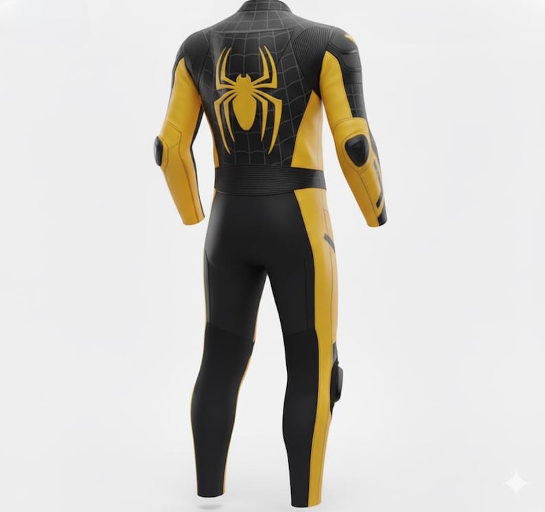 May include: A black and yellow full-body suit with a spider emblem on the back. The suit features yellow accents on the arms, legs, and sides, with black panels and padding. The suit has a sleek, form-fitting design.
